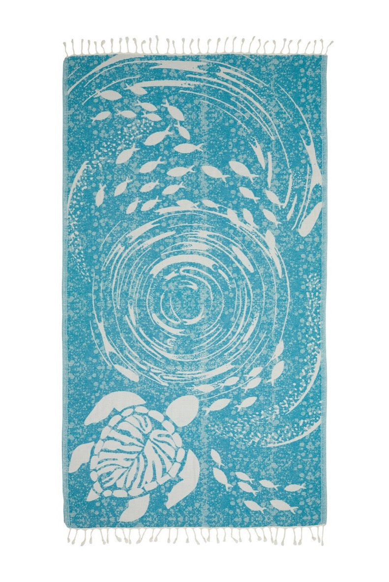 Turtle & Fish Turkish Cotton Peshtemal Beach Towel