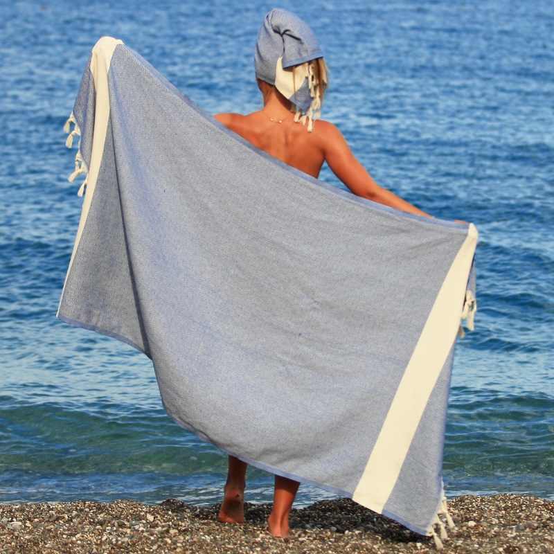 Astrea Turkish Cotton Peshtemal Beach Towel-Sax Blue