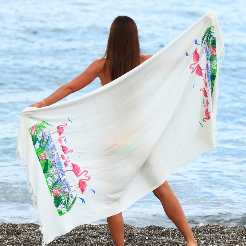 Calypso Printed Viscose Beach Towel-Flamingo
