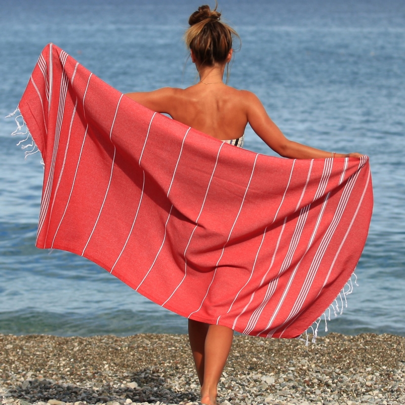 Lina Turkish Cotton Peshtemal Beach Towel-Red