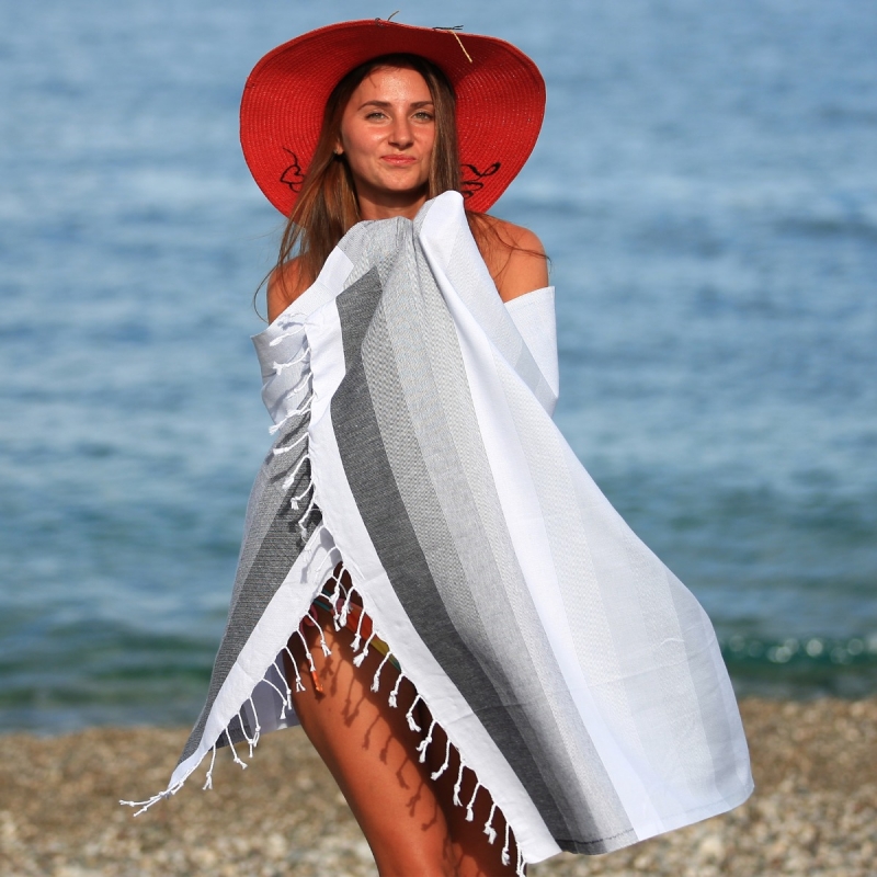 Rainbow Turkish Cotton Peshtemal Beach Towel-Grey